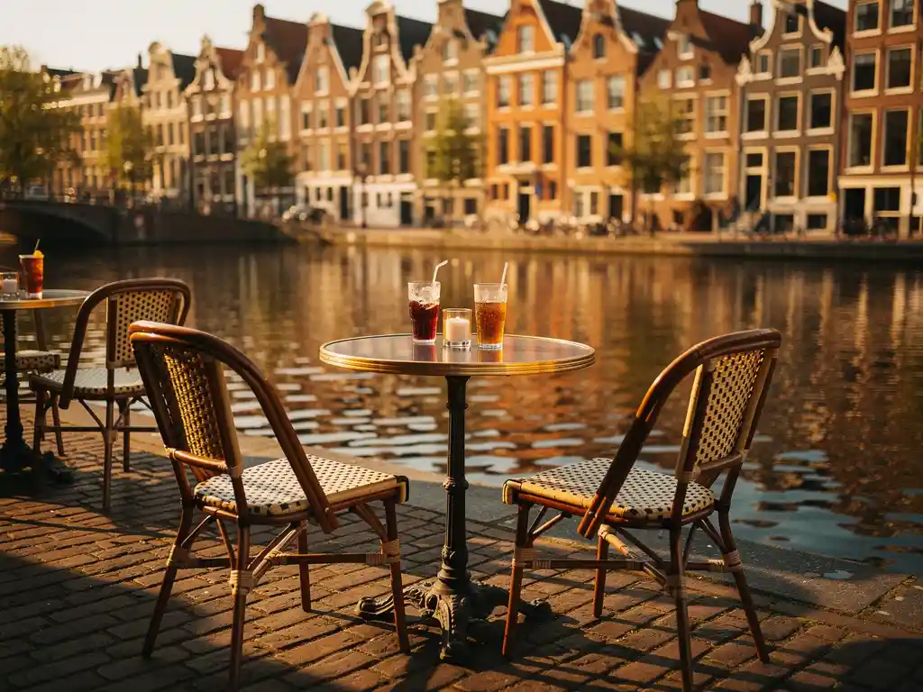 Zonnig terras aan Amsterdamse gracht met rieten stoelen, koude drankjes en historische trapgevels weerspiegeld in het stille water.