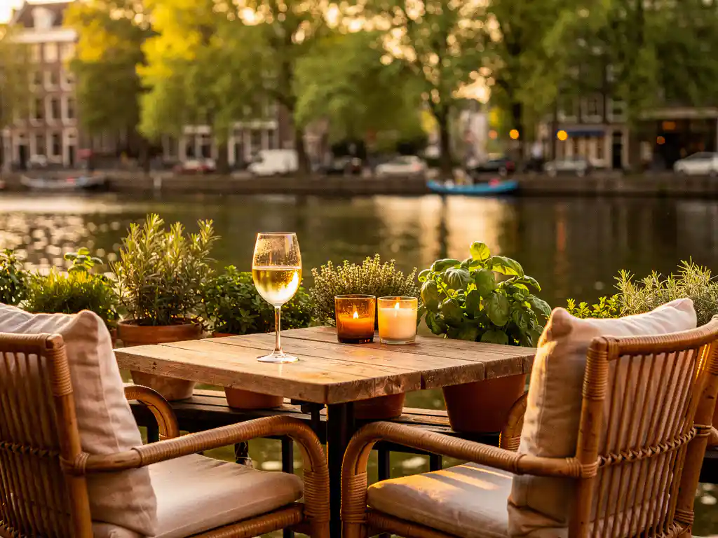Zonnig Nederlands terras met rieten stoelen en een glas witte wijn op een verouderd houten tafel, uitkijkend over een rustgevend gracht met iepen.