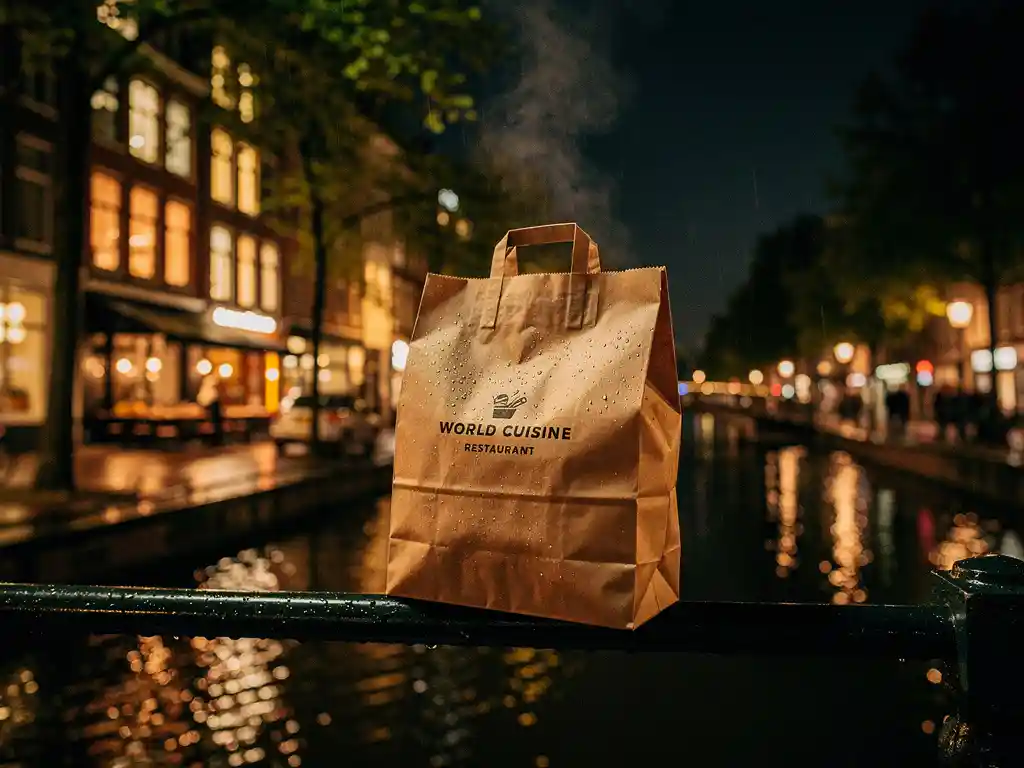 Dampende afhaaltas op natte brugbalustrade in Amsterdam-Zuid, met verlichte gevelrijen weerspiegeld op natte kinderkopjes.