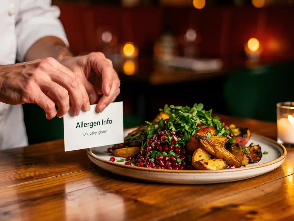 Chef plaatst allergeneninformatiekaart naast kleurrijk sharebord met granaatappelpitten, kruiden en geroosterde groenten op houten restauranttafel.