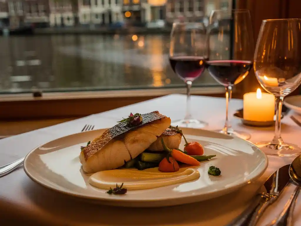 Elegant Nederlands-Europees dinerbord op wit keramiek, verlicht door kaarslicht in een Amsterdams restaurant met uitzicht op een gracht.
