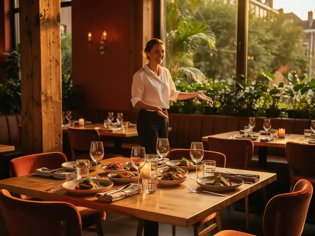Gastvrije host in Amsterdams restaurant met share plates, kaarslicht en houten tafels in warme terracotta en groene tinten.