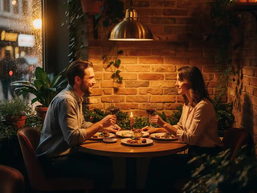 Twee Amsterdammers delen kleine gerechten en wijn bij kaarslicht in een gezellig restaurant met bakstenen muren en vintage hanglampen.
