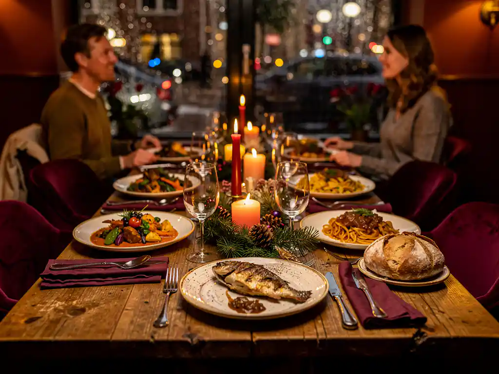 Feestelijk kerstdiner in Amsterdam met dampende gerechten op een kaarsverlichte houten tafel, weerspiegeld in wijnglazen.