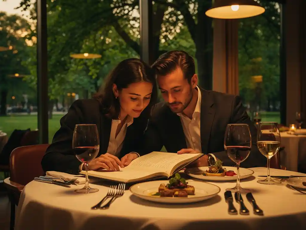 Stel bekijkt reserveringsboek in Amsterdams restaurant met gedeelde gerechten, wijnglazen en park zichtbaar door ramen op de achtergrond.