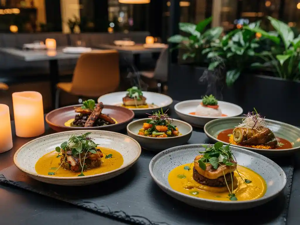 Meergangen-tastingmenu op donkere leisteen tafel met saffraan sauzen, verse kruiden en delicate garnituren in modern Amsterdam restaurant.