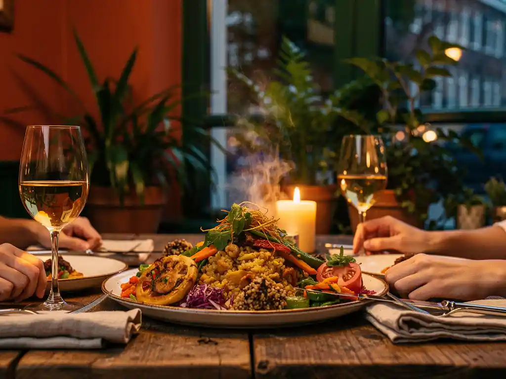 Dampende sharinggerechten op tafel in een Amsterdams restaurant met kaarslicht, wijnglazen en groen zichtbaar door grote ramen.