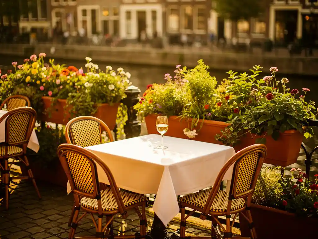 Zonnig terras aan Amsterdamse gracht met rieten stoelen, linnen tafels en glas witte wijn in gouden middaglicht.