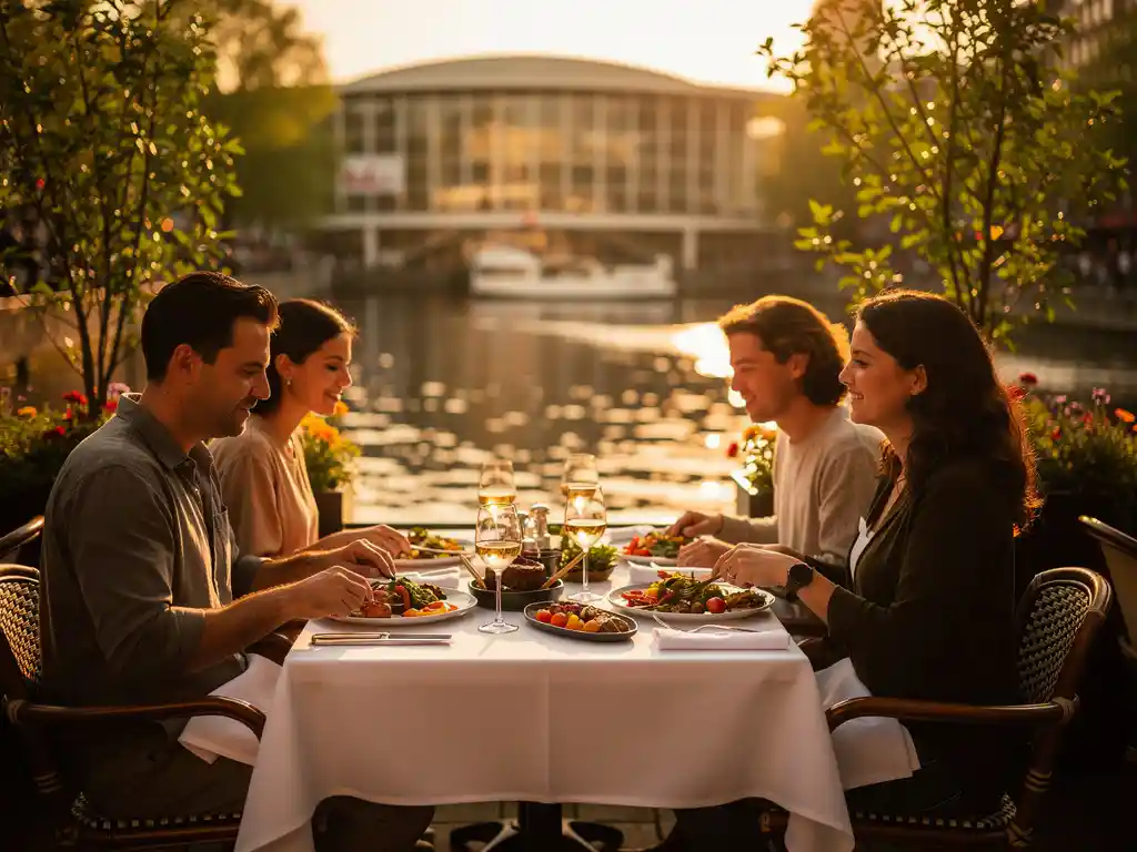 Terras aan Amsterdams Zuid-kanaal bij gouden uur met gedekte tafels, wijnglazen en internationale gerechten, RAI-gebouw op achtergrond.