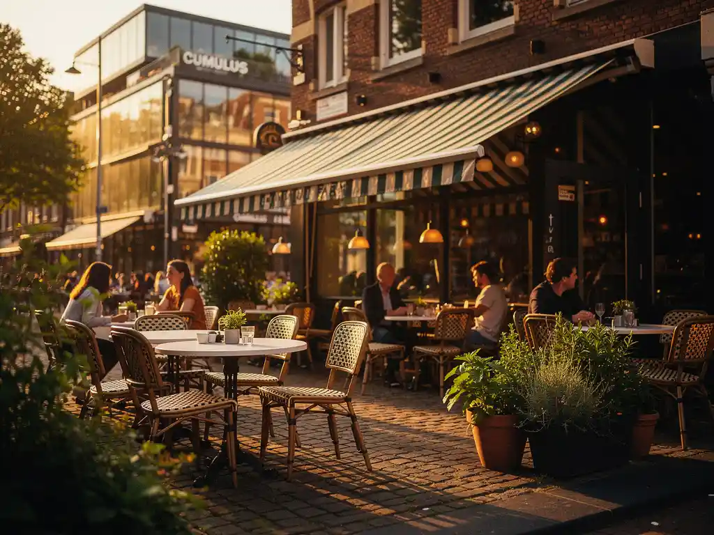 Terras op een zonnige straathoek in Amsterdam Zuid bij gouden uur, met klinkers, groen en moderne Cumulus Park-architectuur op de achtergrond.