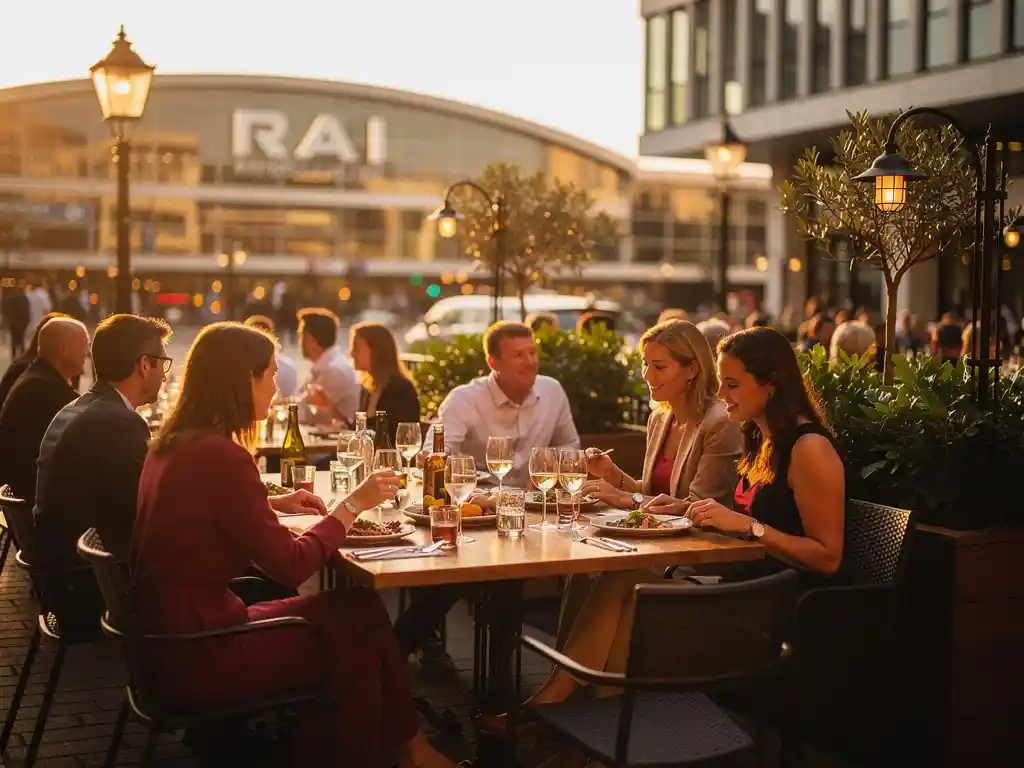 Druk terras in Amsterdam Zuid tijdens het gouden uur, met elegante tafels vol wijnglazen en gerechten, RAI-gebied op de achtergrond.