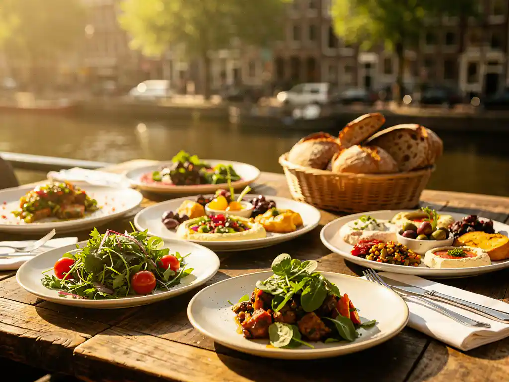 Rustieke houten lunchtafel op een terras in Amsterdam Zuid met kleurrijke salades, mezze en ambachtelijk brood in middagzon.