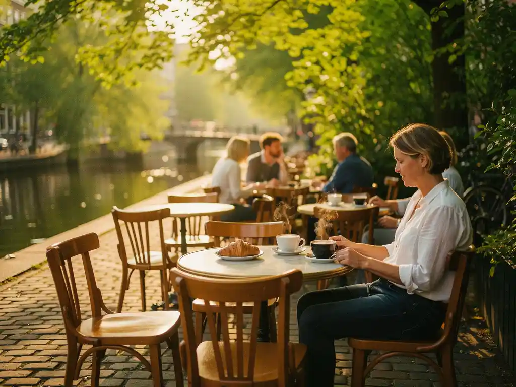 Zonnig Amsterdams caféterras op zaterdagochtend met houten bistrostoelen, koffie en gebak op kinderkopjes, omringd door groene grachtstbomen.