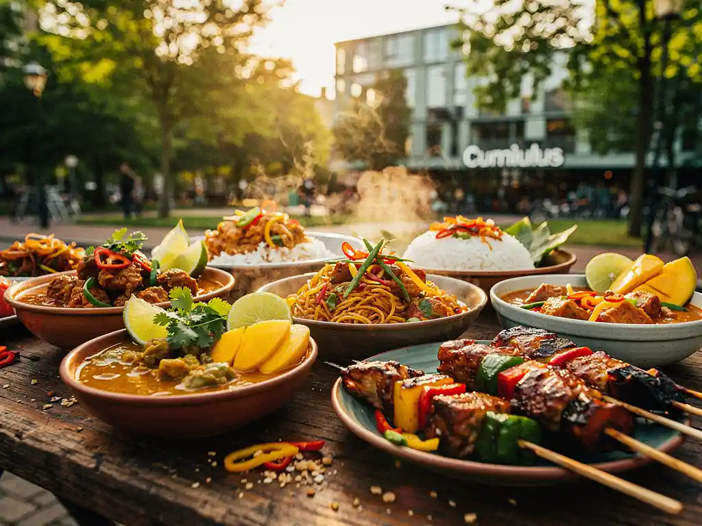 Surinaamse en Indonesische streetfood-gerechten op een houten markttafel in Amsterdam Zuidoost, met dampende kommen en gegrilde spiezen in warm middaglicht.