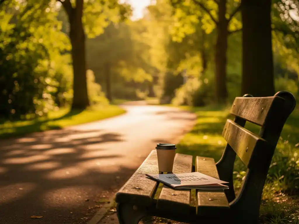 Zonnig wandelpad in het Bijlmerpark Amsterdam met koffiekopje en menukaart op een houten bankje op de voorgrond.