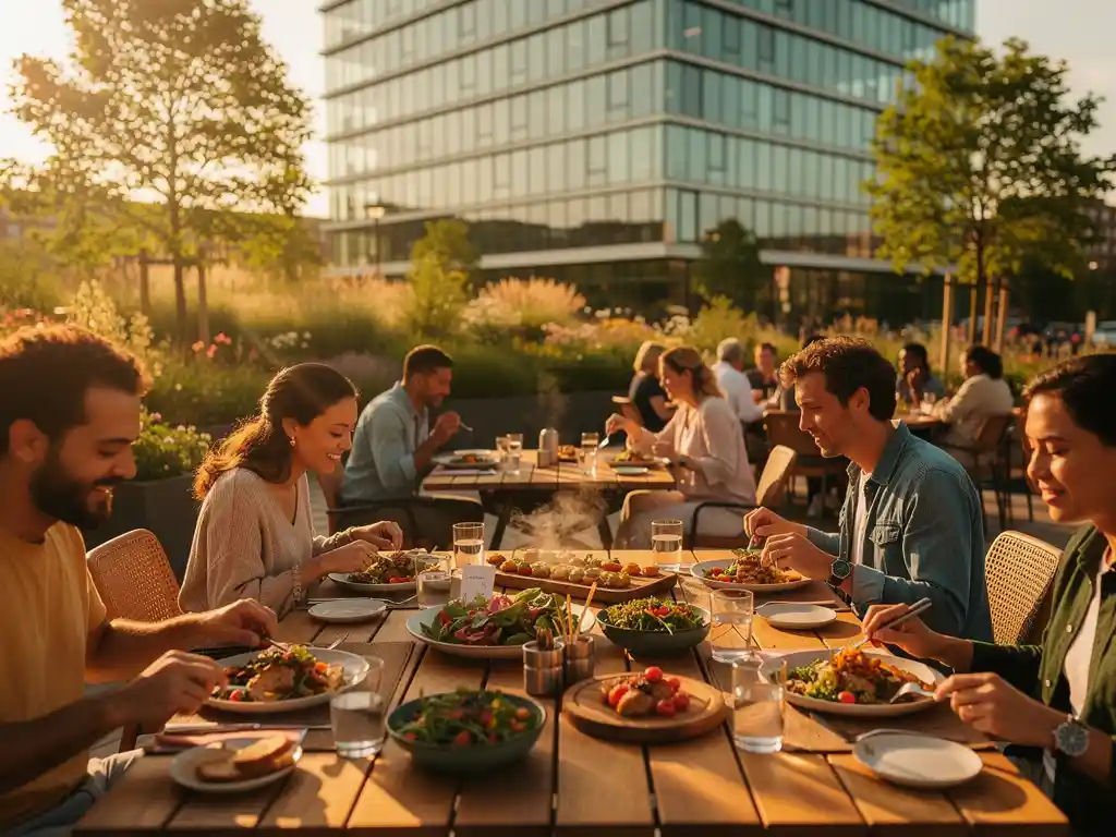 Druk terras met diverse gasten en kleurrijke wereldgerechten in Cumulus Park, Amsterdam Zuidoost, tijdens het gouden uur.