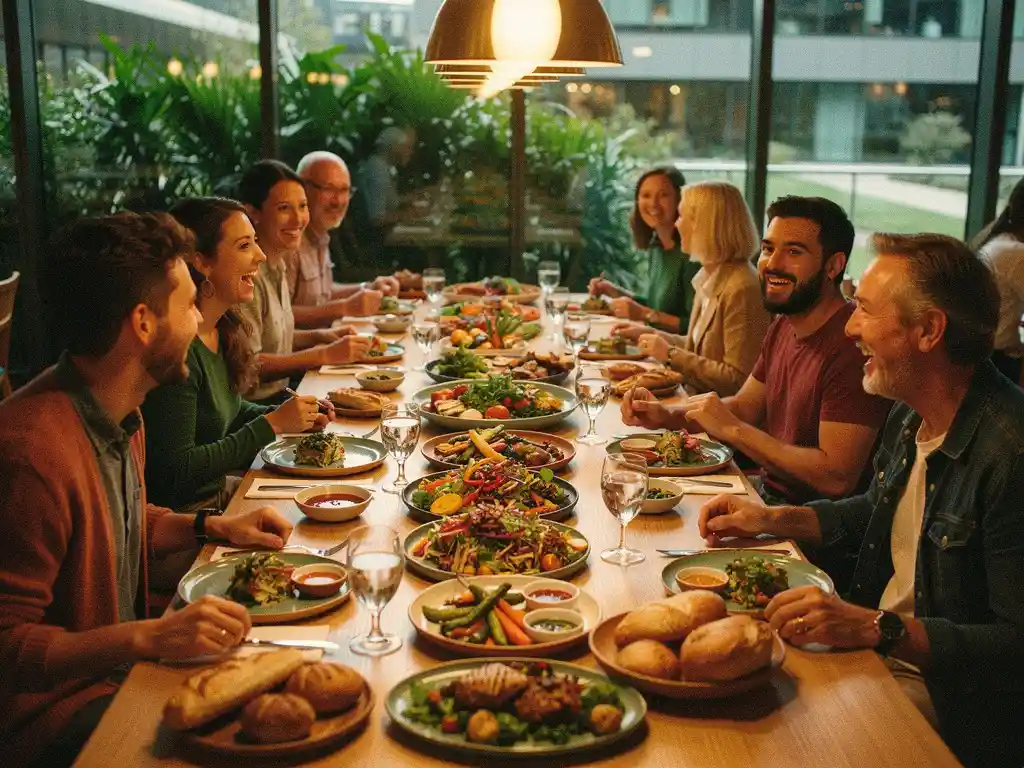 Lange communale eettafel met kleurrijke internationale gerechten, warme hanglampen en groen zichtbaar door vloer-tot-plafond ramen.
