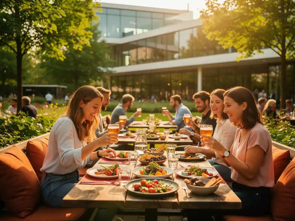 Gasten genieten van al fresco dining op het terras van Cumulus Park Amsterdam, omringd door groen en moderne architectuur.
