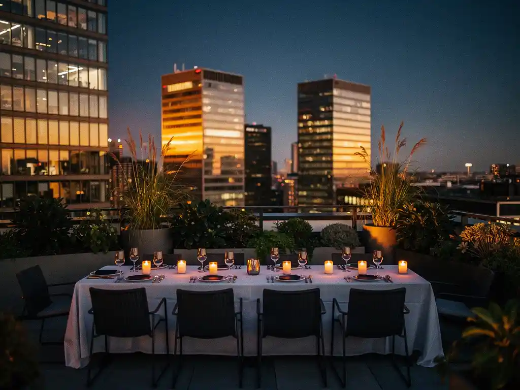 Rooftopterras met gedekte tafels en kaarsen tijdens een zakelijk avondevenement, met uitzicht op de skyline van Amsterdam Zuidoost in het gouden uur.