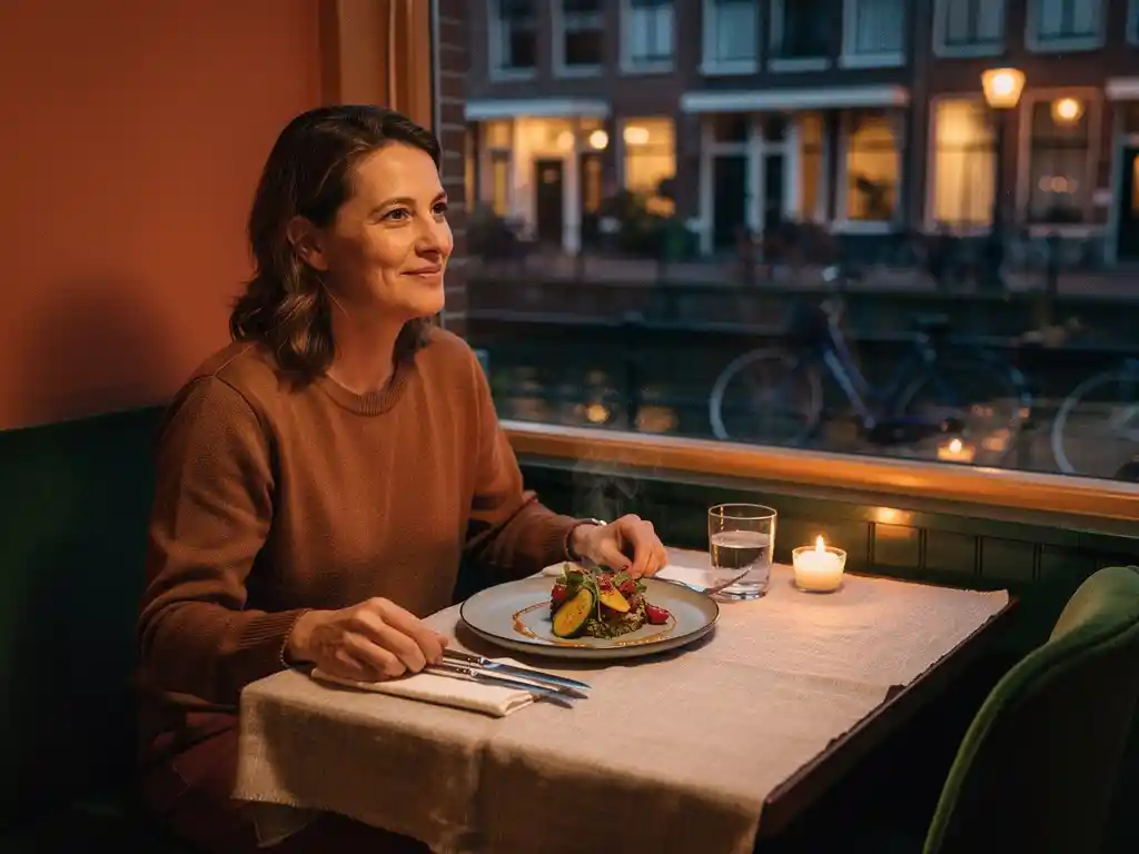 Persoon dineert solo bij kaarslicht in restaurant Amsterdam Zuidoost, met sfeervol opgemaakt wereldgerecht op keramisch bord.
