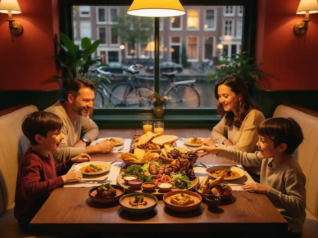 Familie deelt kleurrijk internationaal bordje in gezellig Amsterdams restaurant, kind reikt vrolijk naar schaaltje, warm gouden licht.