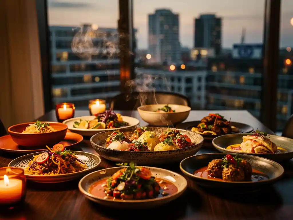 Dampende share-plates met kleurrijke wereldgerechten op donker hout, kaarslicht en Amsterdam Zuidoost-skyline op de achtergrond.