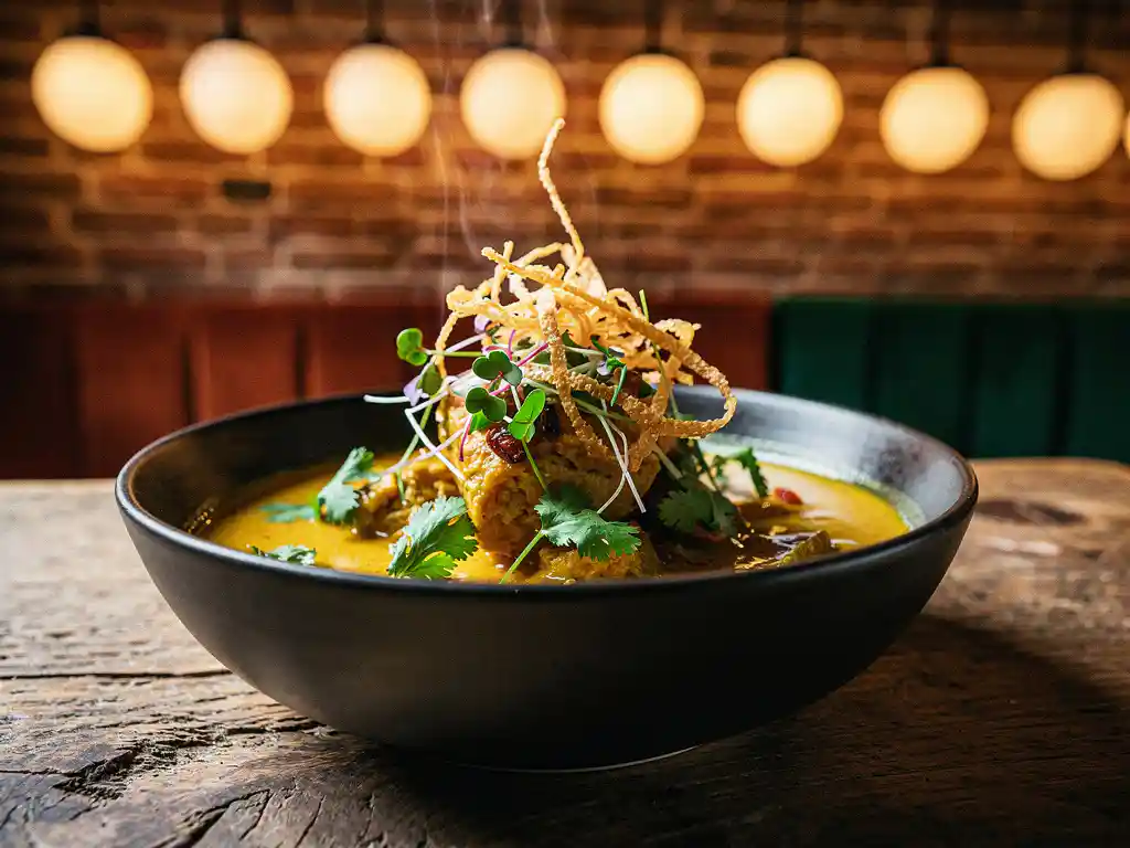 Dampende curry-bouillon met krokante Aziatische garnering en verse kruiden in een donkere keramische kom, Amsterdams restaurant op de achtergrond.