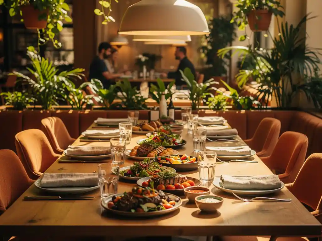 Lange communale eettafel met kleurrijke internationale gerechten, omgeven door weelderig groen en warm hanglamplicht in een gezellig restaurant.