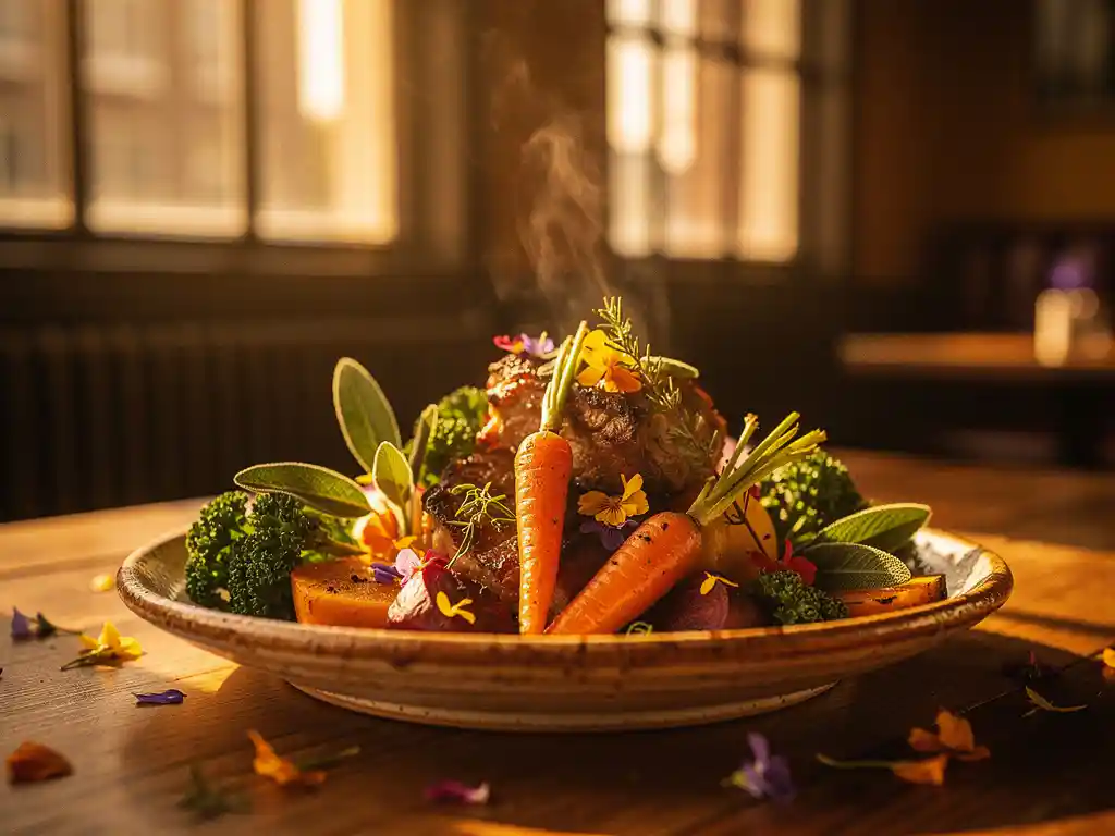Stoomend herfstgerecht op rustiek keramisch bord met seizoensgroenten, kruiden en eetbare bloemen in warm Amsterdams kaarslicht.