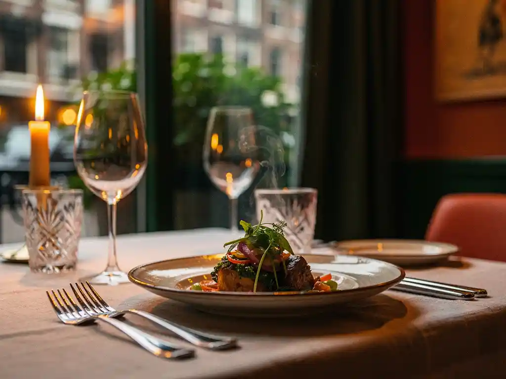 Kleurrijk internationaal gerecht op linnen gedekte tafel in Amsterdams restaurant met kaarslicht en weelderig groen op de achtergrond.
