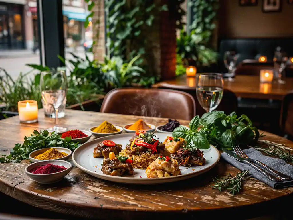 Dampende internationale sharingdishes op rustieke houten tafel met verse kruiden en kaarslicht in Amsterdams restaurant.