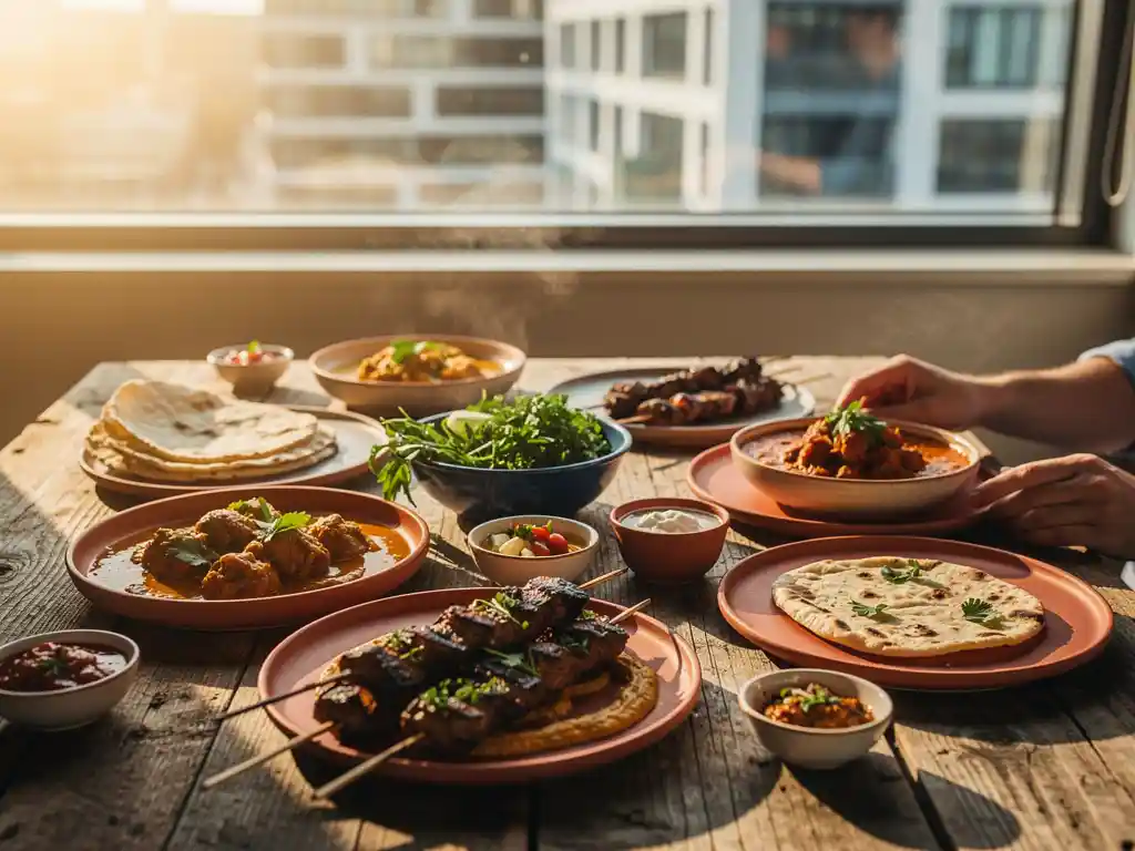 Kleurrijke internationale gerechten op rustieke houten tafel met gekruide stoofpotten, verse kruiden en gegrilde spiesjes, Amsterdam Zuidoost op achtergrond.