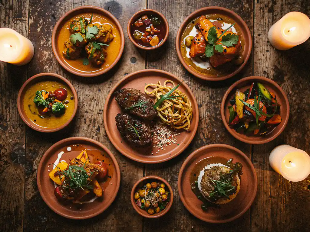Dampende internationale sharingplates met curry's, gegrild vlees en groentegerechten in terracottakommen op een rustieke houten tafel bij kaarslicht.