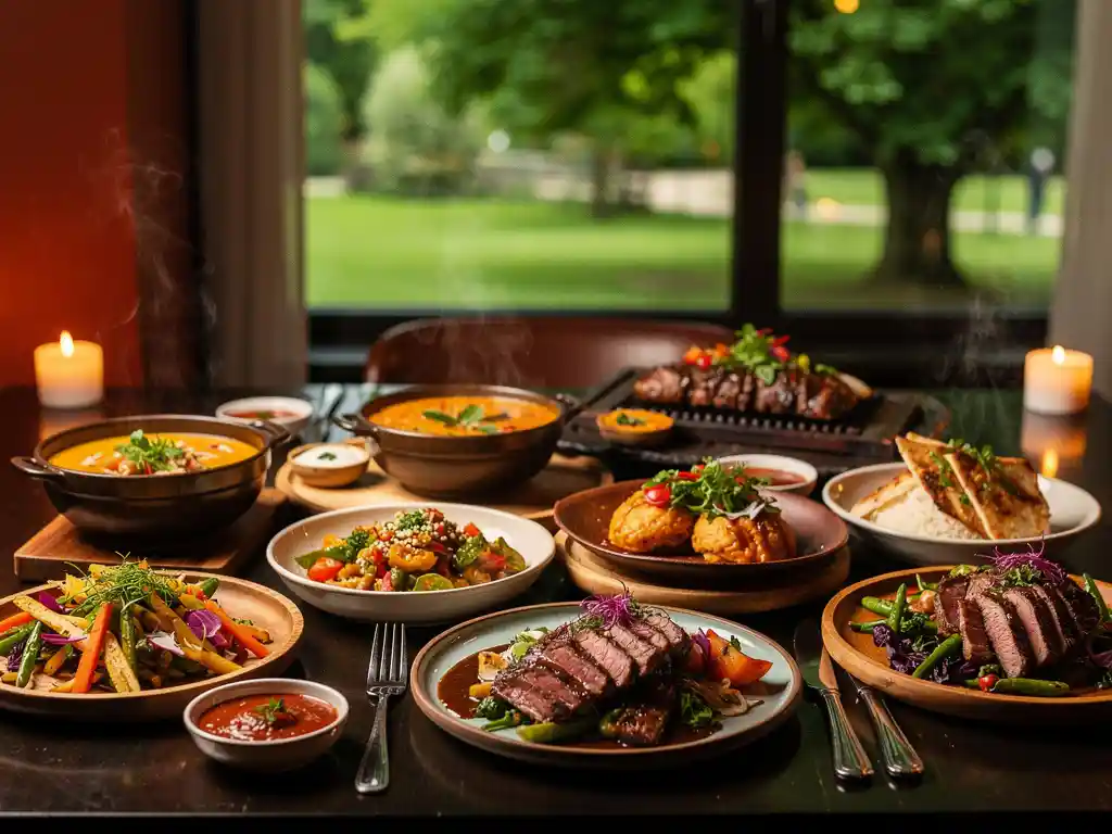 Dampende internationale sharingborden met gegrild vlees en kleurrijke garnituren op donker houten tafel, kaarslicht en parkzicht op achtergrond.