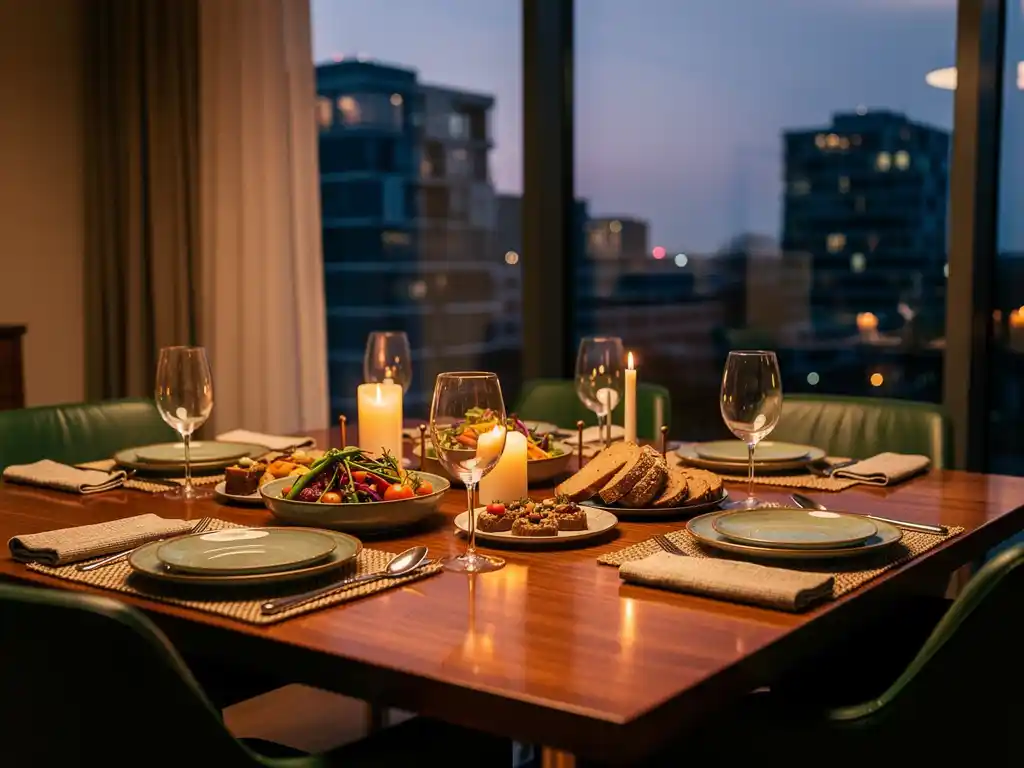 Privé dinerzaal met gedekte tafel, wijnglazen en kaarsen, met uitzicht op de skyline van Amsterdam Zuidoost in de schemering.