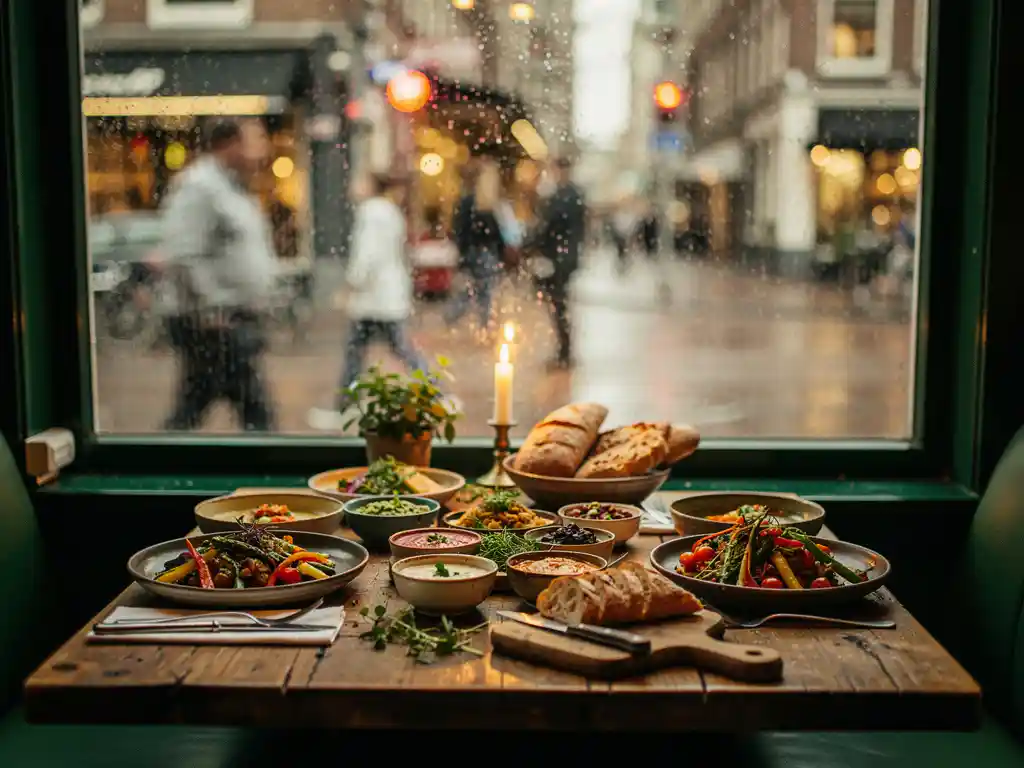 Kaarsenverlichting tafel voor twee met kleurrijke gerechten en vers brood bij een regenachtig raam in Amsterdam Zuid, Rivierenbuurt op de achtergrond.
