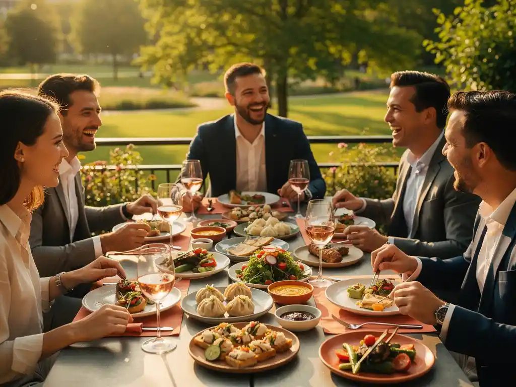 Collega's lunchen samen op een zonnig terras in Amsterdam Zuidoost met kleurrijke wereldgerechten en glazen wijn.