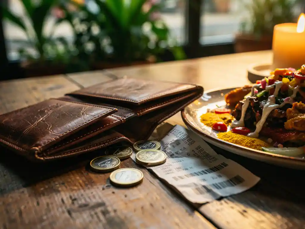 Open leren portemonnee met euromunten en bon op rustieke houten restauranttafel naast kleurrijke streetfood gerechten bij kaarslicht.