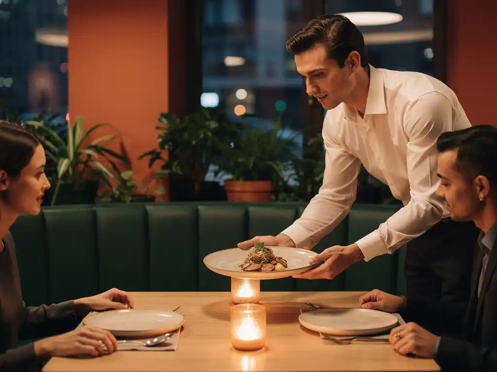 Kelner in wit overhemd serveert een share-gerecht aan tafelgasten in een sfeervol restaurant met terracotta tinten en groen uitzicht.