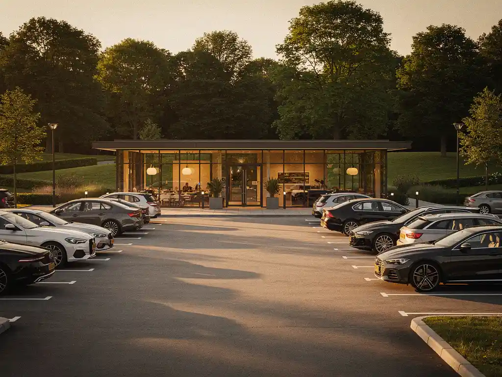 Parkeerterrein bij een modern restaurant in Amsterdam Zuidoost tijdens het gouden uur, omgeven door het groen van Cumulus Park.