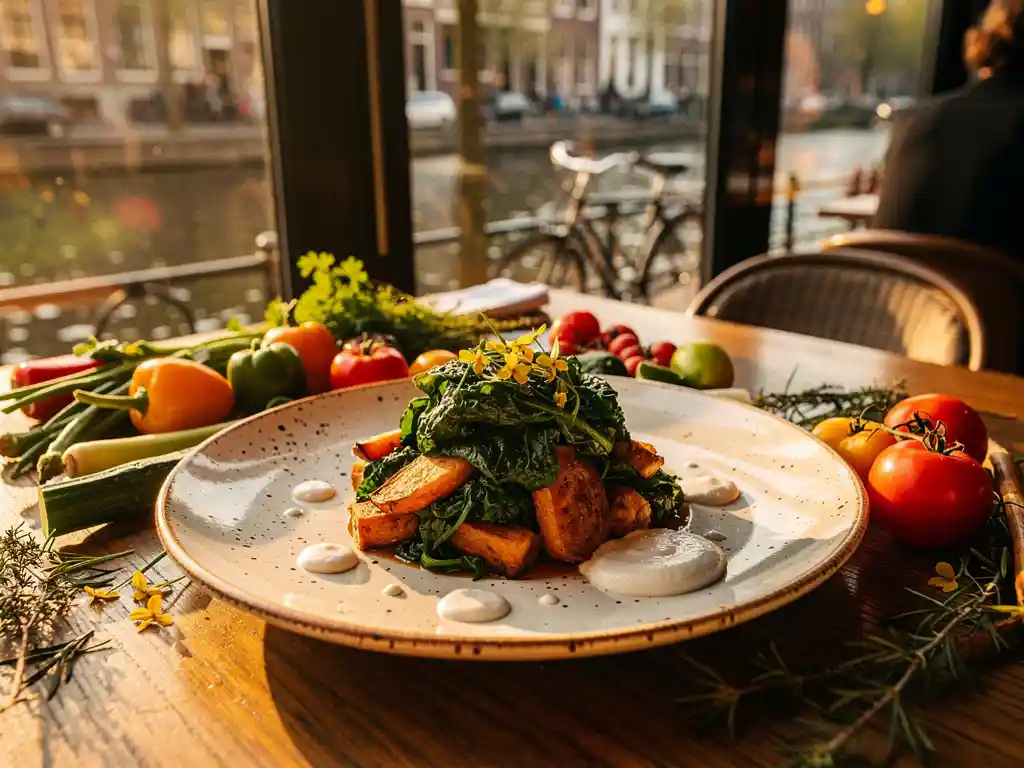 Kleurrijk plantaardig gerecht op rustiek keramisch bord met verse groenten en kruiden, gouden middaglicht en Amsterdams grachtenterras op de achtergrond.