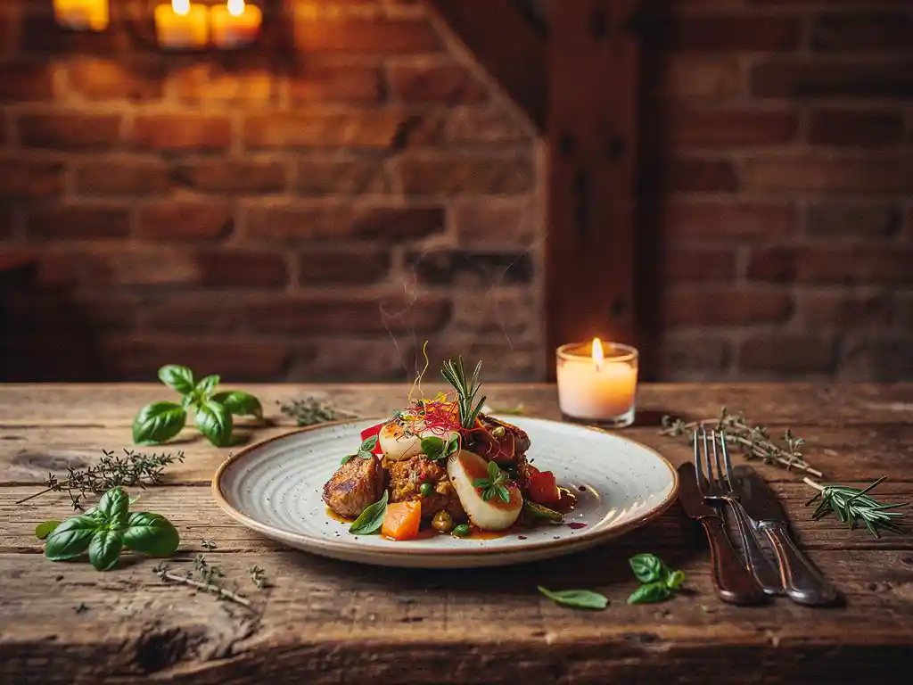 Dampend bord internationale keuken op rustieke houten tafel, omringd door verse kruiden en kaarslicht in een gezellig Amsterdams restaurant.