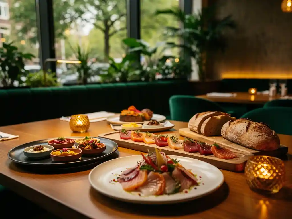 Sfeervol gedekte restauranttafel in Amsterdam met mezze, sashimi en rustiek brood bij kaarslicht, grote ramen met weelderig groen.