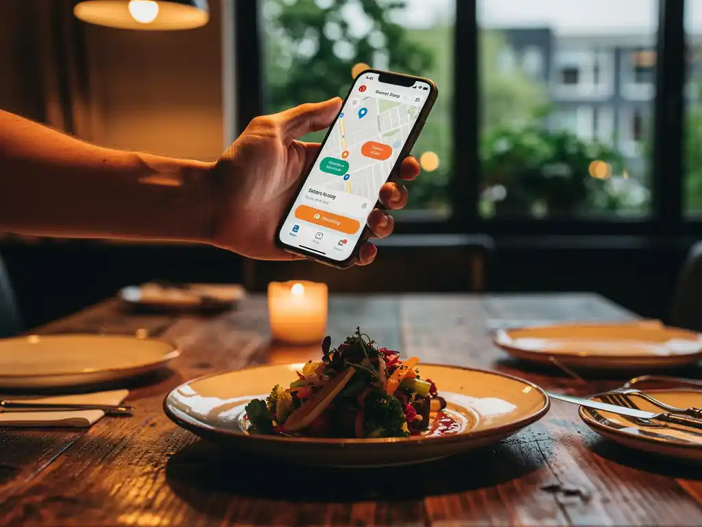 Hand met smartphone boven een stijlvol opgemaakt gerecht in een restaurant in Amsterdam Zuidoost, warm kaarslicht op houten tafel.