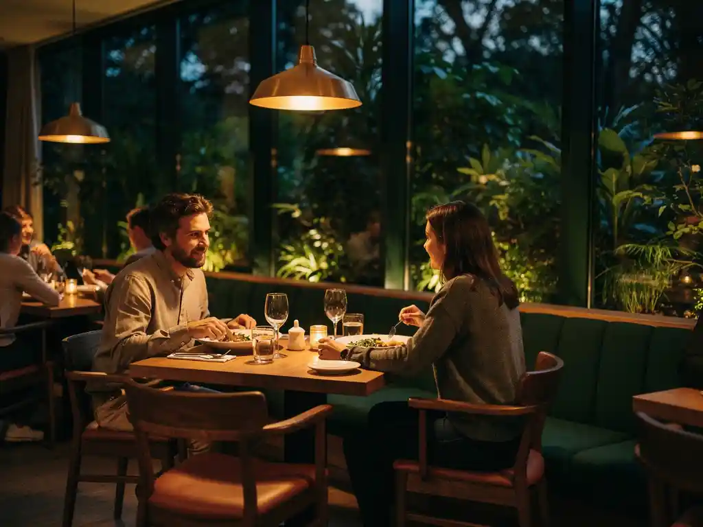 Gezellig restaurantinterieur op een rustige avond met houten tafels, warme amberkleurige hanglampen en uitzicht op Cumulus Park.