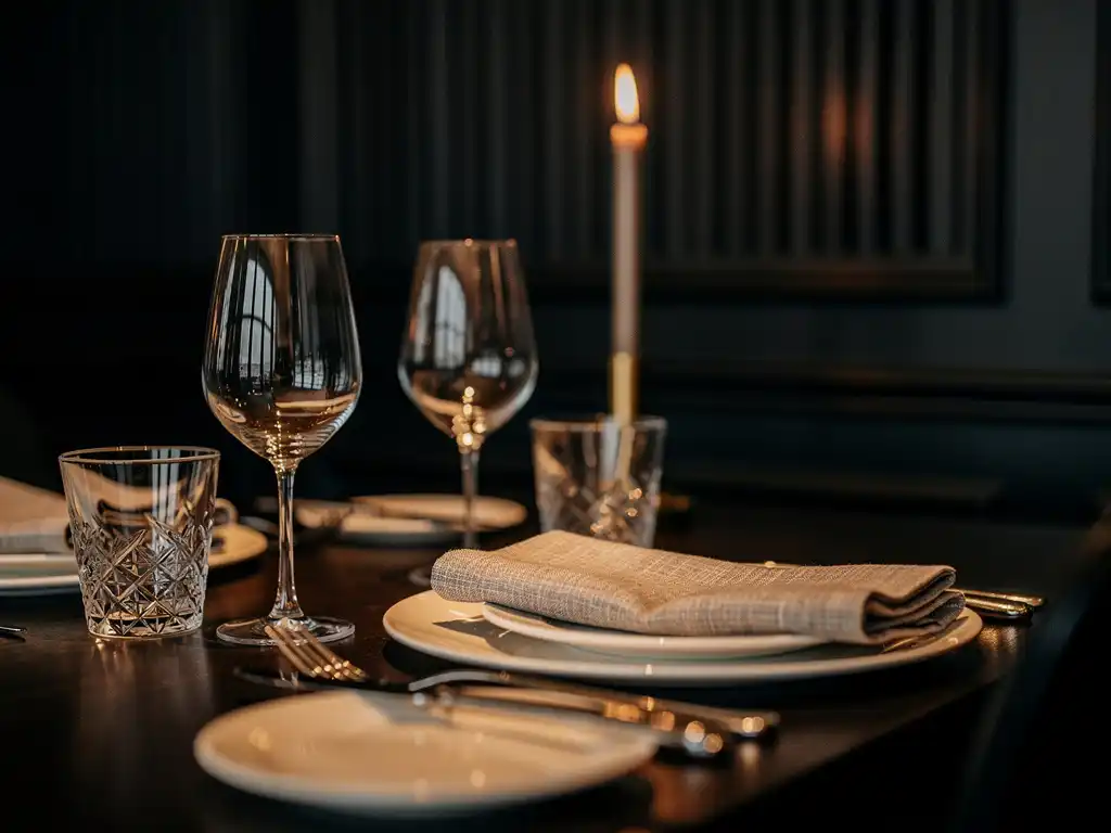 Elegant gedekte restauranttafel met premium glaswerk, gepolijst bestek en een kaars die warm amberkleurig licht verspreidt.