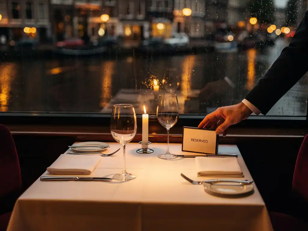 Kaarslicht romantisch restauranttafel voor twee bij regenachtig Amsterdams raam, ober plaatst gereserveerd kaartje op wit linnen.
