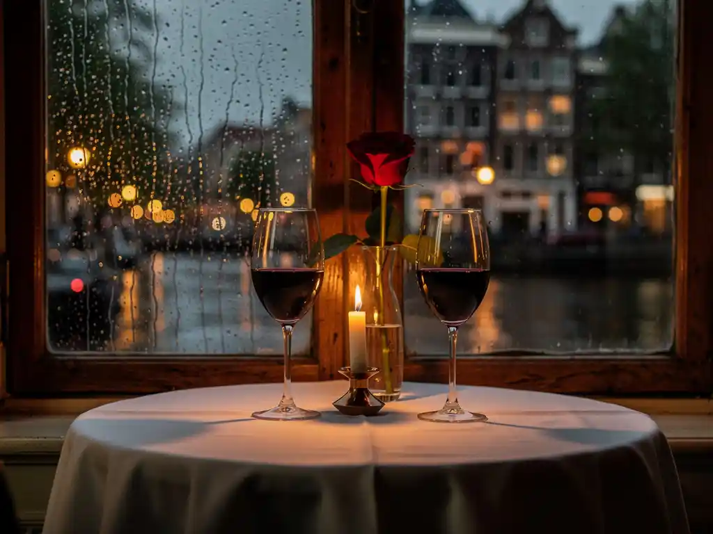 Romantisch gedekte tafel voor twee bij een regenachtig Amsterdams raam in de schemering, met rode roos, twee glazen rode wijn en kaarslicht.