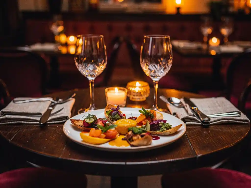 Romantisch gedekte tafel voor twee in Amsterdams restaurant met kaarsenlicht, wijnglazen en kleurrijke internationale hapjes.