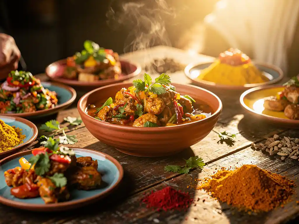 Stomende kom streetfood omringd door kleurrijke internationale hapjes, verse kruiden en exotische specerijen op versleten houten tafel.
